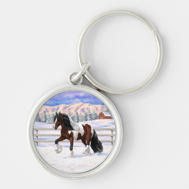 Chaveiro Bay Pinto Gypsy Vanner Draft Horse Na Neve (Frente)