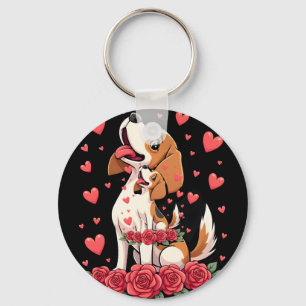 Chaveiro Beagle Fofo com Rosas Vermelhas Corações Floral Di