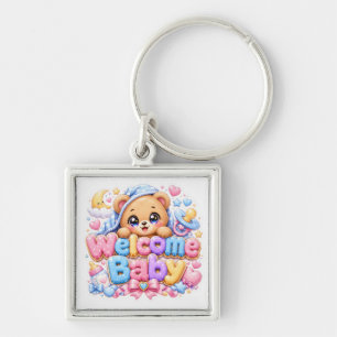 Chaveiro Bebê Bem-vindo Urso de Pelúcia Kawaii Rosa Pastel