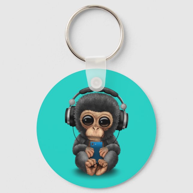 Chaveiro Bebê chimp com Fones de ouvido e telefone celular (Frente)