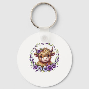 Chaveiro Bebê Vaca De Highland Com Flores Roxas Extremament