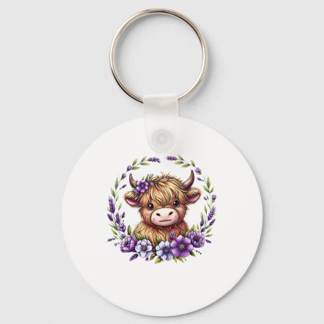 Chaveiro Bebê Vaca De Highland Com Flores Roxas Extremament (Frente)