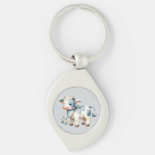 Chaveiro Bebê Vaca Xadrez Azul Estética Pastel Fazenda