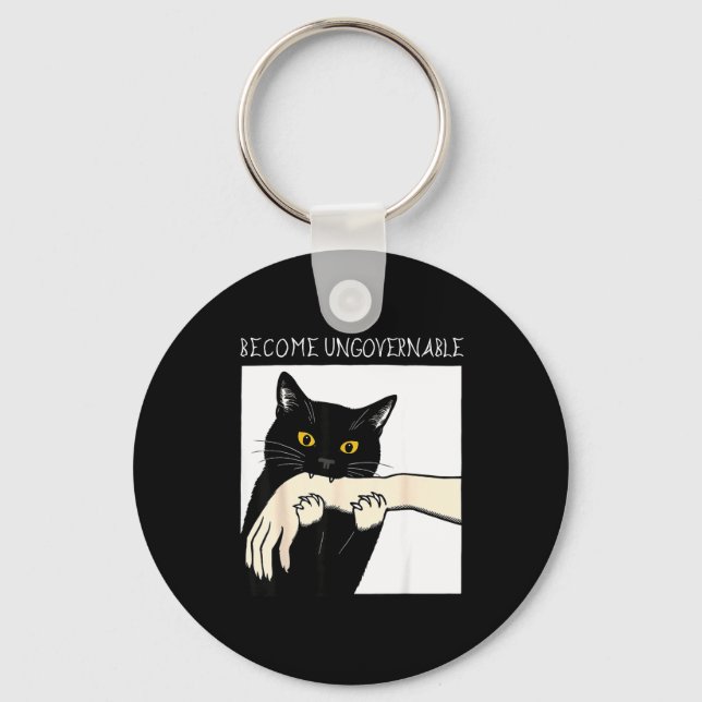 Chaveiro Become Ungovernable - Black Cat Biting Hand Funny  (Frente)