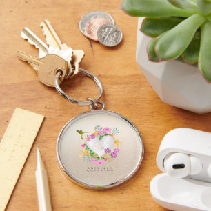 Chaveiro Beige Cardíaco do Monograma Floral Garden