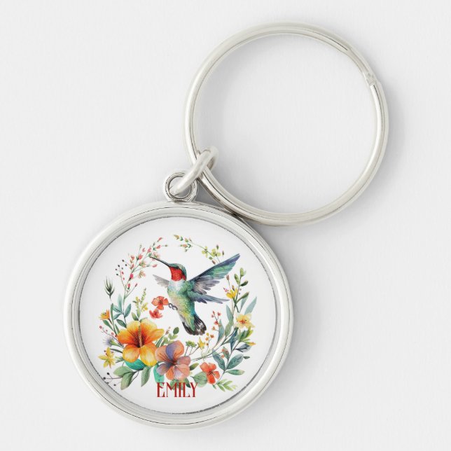 Chaveiro Beija-flor e flores coloridos fofos (Frente)