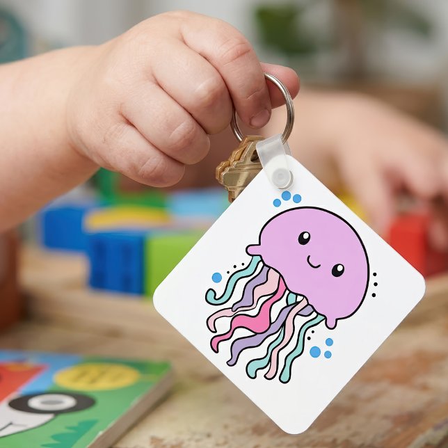 Chaveiro Bela e sorridente Kawaii Bebê Água-Viva com Bolhas (Cute smiling Kawaii Baby Jellyfish with Bubbles. Keychain)