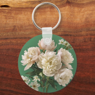 Chaveiro Belas Peônias Brancas e Rosas em Fundo Verde
