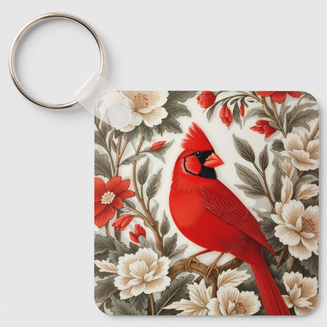 Chaveiro Beleza Floral do Pássaro Cardinal do Norte (Frente)