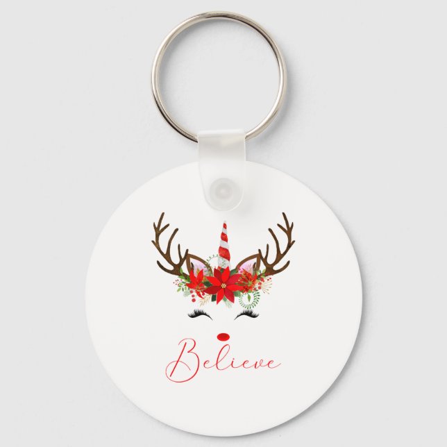 Chaveiro Believe Red White Insettia Reindeer Unicorn  (Frente)