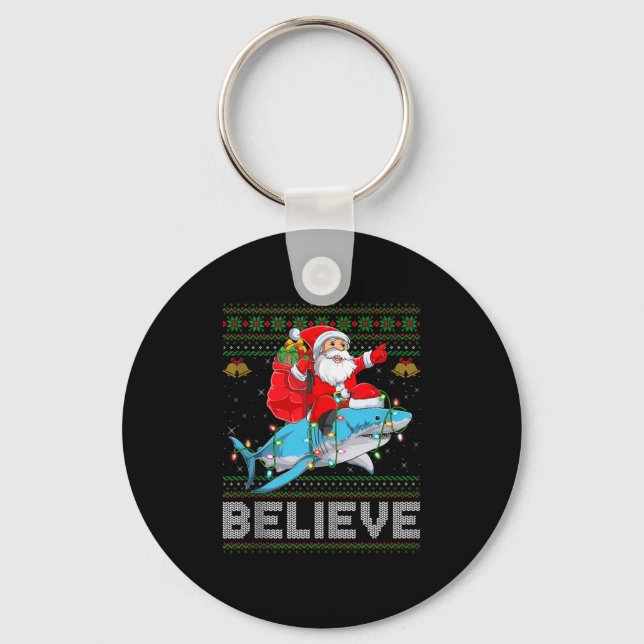 Chaveiro Believe Xmas Funny Santa Riding Shark Ugly Christm (Frente)