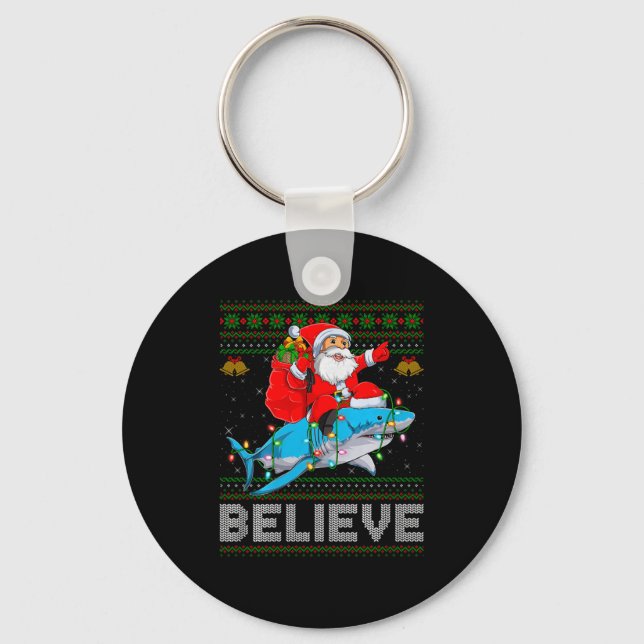 Chaveiro Believe Xmas Funny Santa Riding Shark Ugly Christm (Frente)