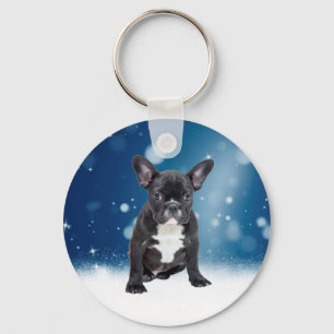 Chaveiro Belo Buldogue Francês Estrelas de Neve Azul Natal