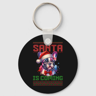 Chaveiro Belo Bulldog Francês Santa Hat Holly de Natal