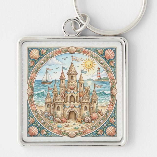 Chaveiro BELo CASTELO DE AREIA NA PRAIA COM BARCOS (Frente)