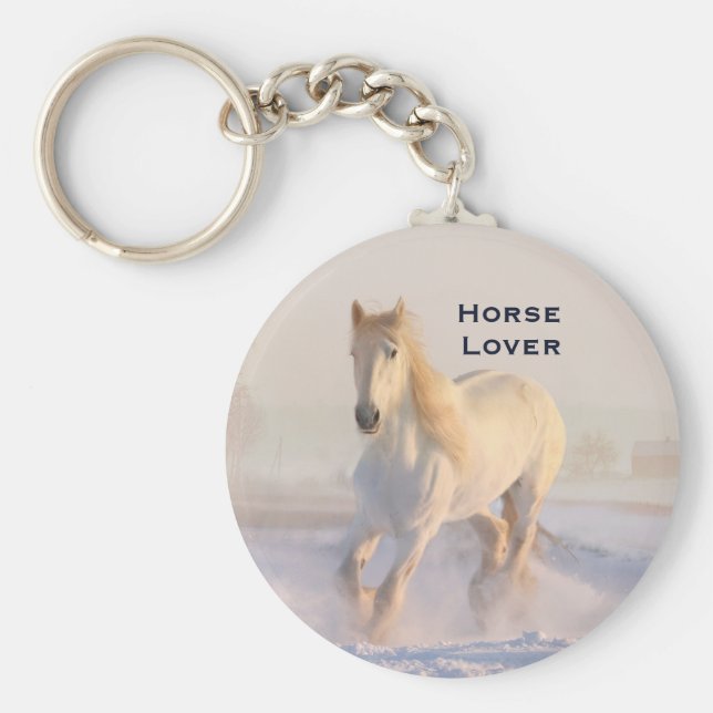 Chaveiro Belo Cavalo Branco Galopando na Neve (Frente)