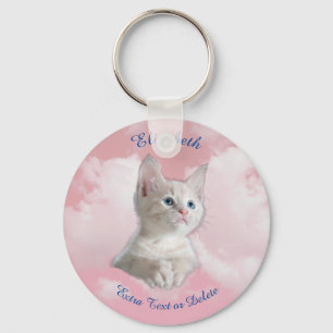 Chaveiro Belo Gatinho Branco Céu Rosa, Nome Azul & Texto Ex