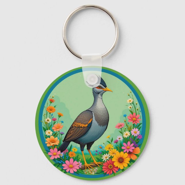 Chaveiro Belo Pássaro Exótico Descansando Entre Flores Colo (Frente)