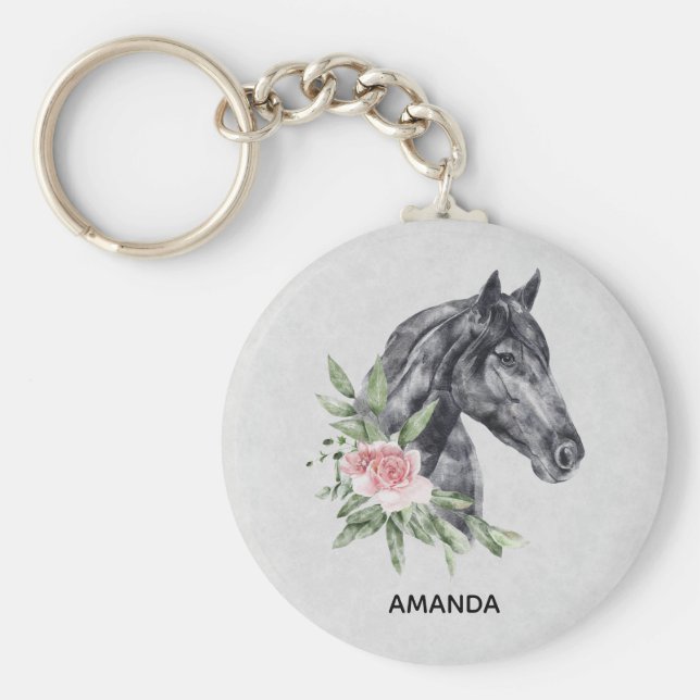 Chaveiro Belo Retrato de Cabeça de Cavalo Negro Aquarela (Frente)
