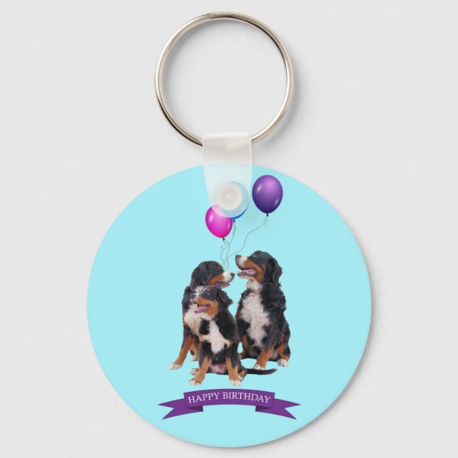 Chaveiro Bernese Mountain Dogs Feliz Aniversário (Frente)
