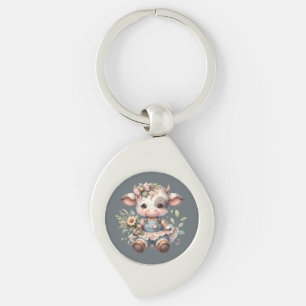 Chaveiro Bezerro Kawaii Farmcore em Vestido Floral Vintage