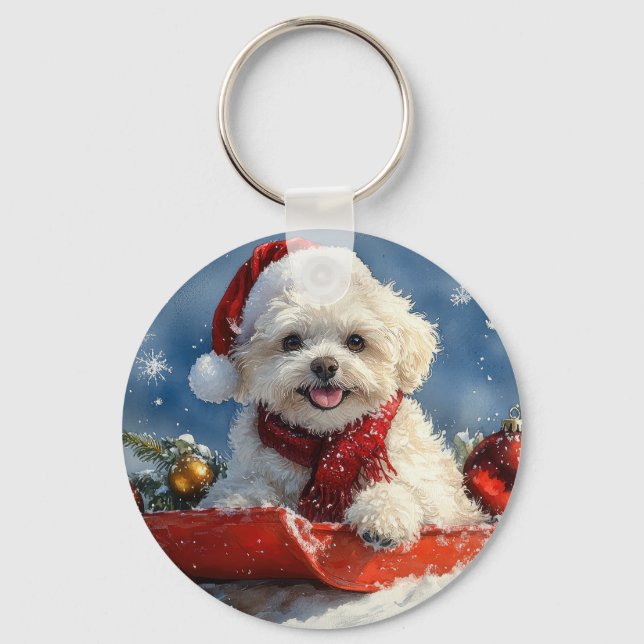 Chaveiro Bichon Frise Dog Sledge Deixe-o nevar no Natal (Frente)