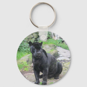 Chaveiro Big Black Jaguar Cat em Sentado no Rock