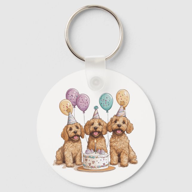 Chaveiro Birthday Goldendoodle Cães Bolo de Aniversário (Frente)