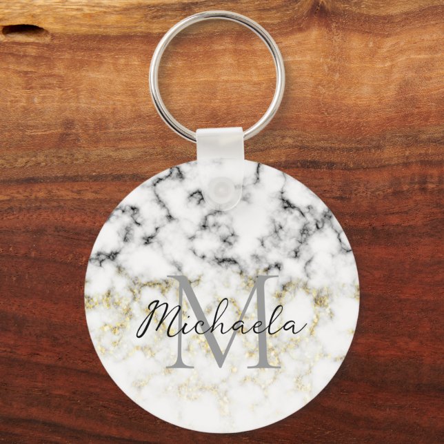 Chaveiro Black and white marble gold sparkle flake Monogram (Frente)