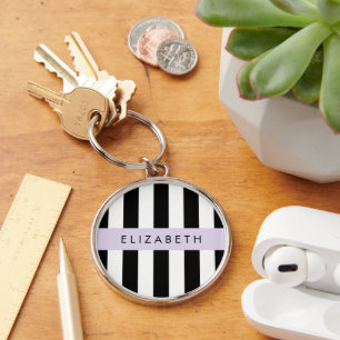 Chaveiro Black and White Stripes, Stripes, Linhas, Seu Nome