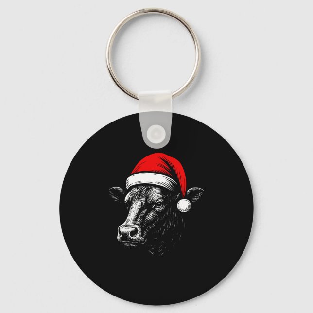 Chaveiro Black Angus Rancher Christmas Cow Santa Hat Farmer (Frente)