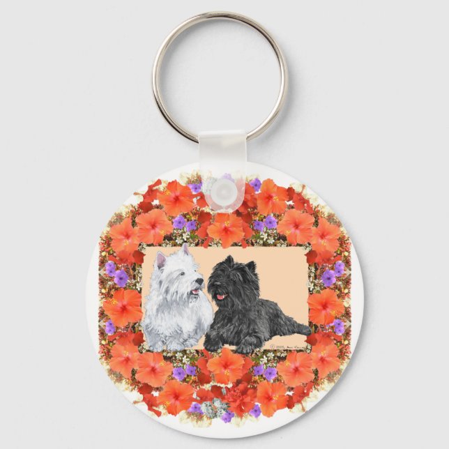 Chaveiro Black Cairn e Terriers Westie em Floral (Frente)