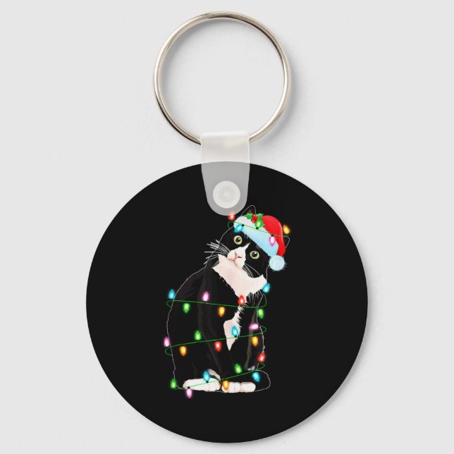 Chaveiro Black Cat Christmas Lights Funny Santa Hat Black C (Frente)