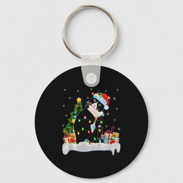 Chaveiro Black Cat Christmas Lights Santa Hat Black Cat Lov (Frente)