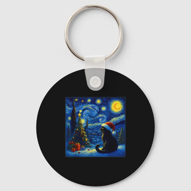 Chaveiro Black Cat Santa Hat Van Gogh Starry Night Christma (Frente)