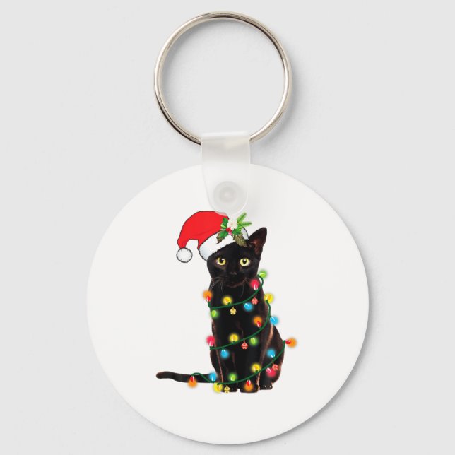 Chaveiro Black Cat Santa Tangled Up In Christmas Lights  (Frente)