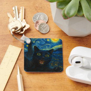 Chaveiro Black Cat Starry Night Van Gogh Cat Selfie