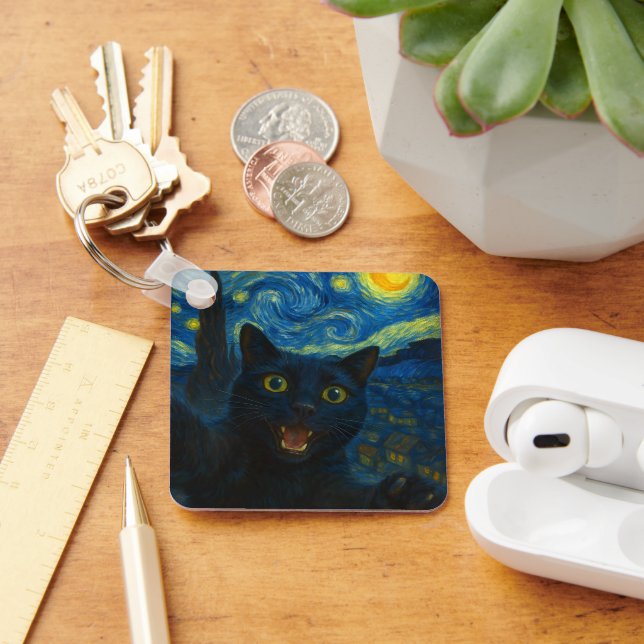 Chaveiro Black Cat Starry Night Van Gogh Cat Selfie (Mesa)
