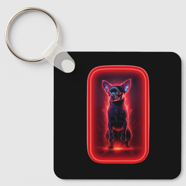 Chaveiro Black Chihuahua Dances Amidst Neon Red Light (Frente)