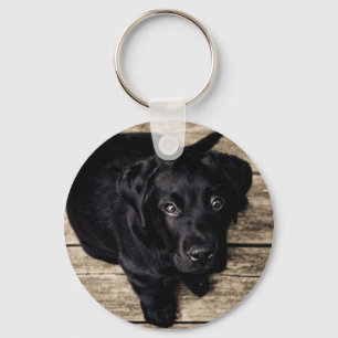 Chaveiro Black Labrador Retriever Puppy sobre madeira