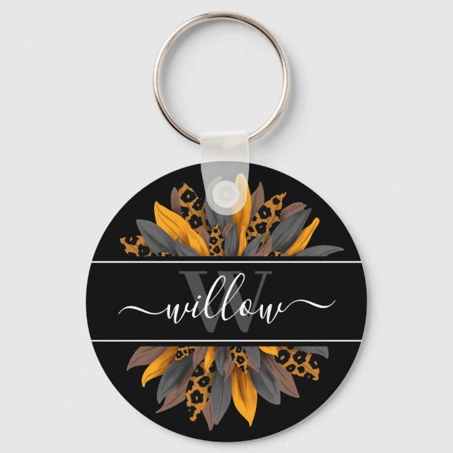 Chaveiro Black Leopard Spots Sunflower Name Monogram (Frente)