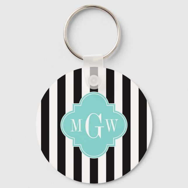 Chaveiro Black White Strike Turquoise Quatrefoil 3 Monogram (Frente)