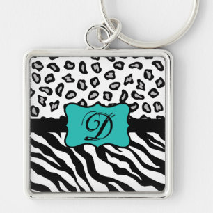 Chaveiro Black White Turquoise Zebra Leopard Skin Monogram