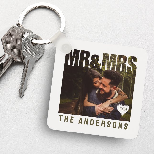 Chaveiro Bloco de Foto de Sr e Sra com Nome de Aniversário  (Mr & Mrs Photo Block Heart Anniversary Name Keychain
)