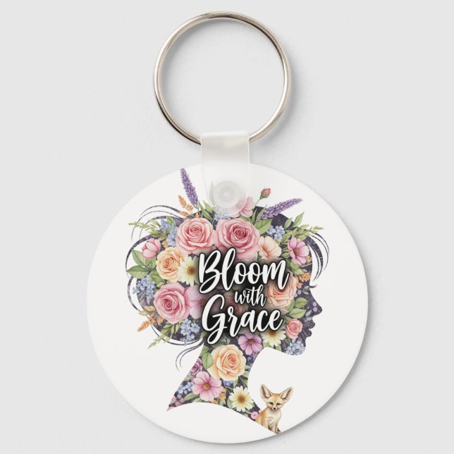 Chaveiro Bloom com Grace Floral Inspirational Quote Design (Frente)