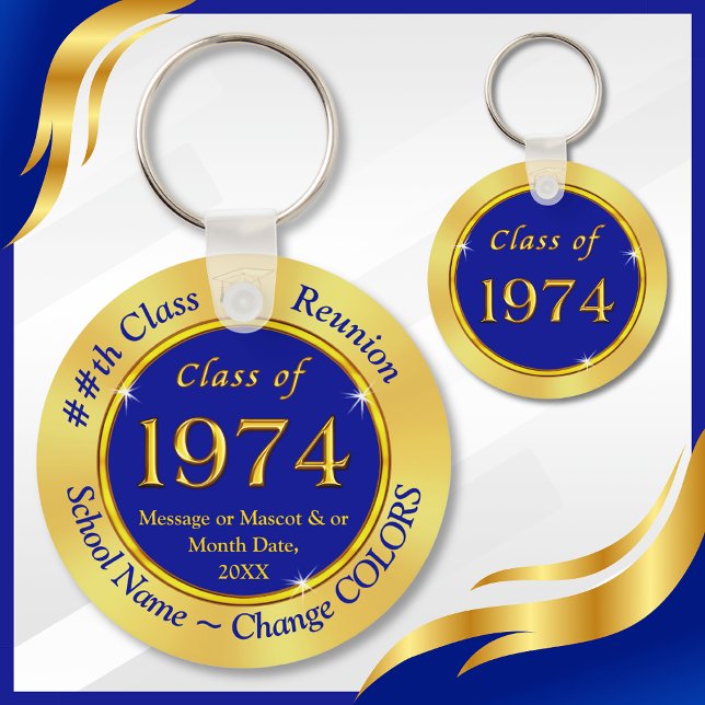 Chaveiro Blue and Gold, Class of 1974, Reunion Party Favors (Class of 1974 ideas. 50th reunion keychains are great, 50th high school reunion favors. Blue Gold.)