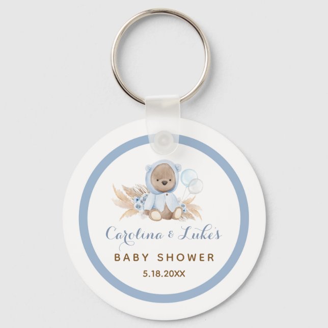 Chaveiro Blue Boho Bear Baby Shower Favors Keychain (Frente)