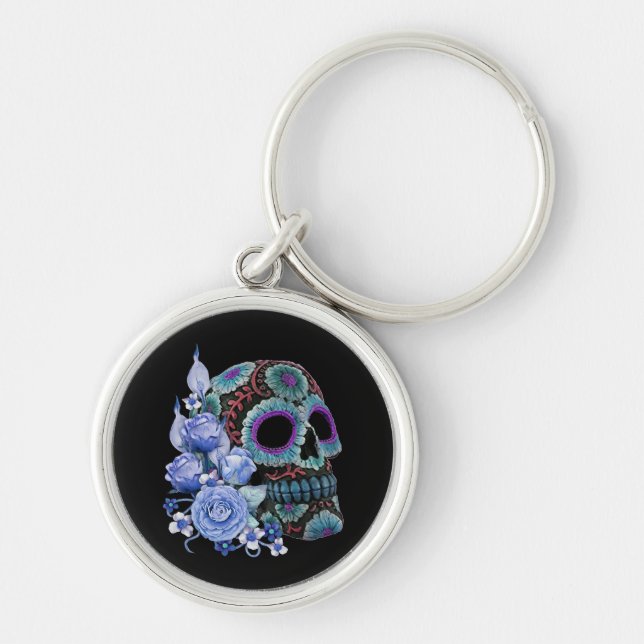 Chaveiro Blue Floral Black Sugar Skull Day Of The Dead (Frente)