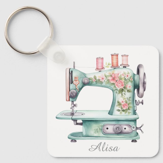 Chaveiro Blue Floral Sewing Machine Keychain  (Frente)