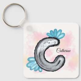 Chaveiro Blue Floral Watercolor Letter C